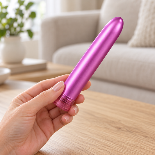 Vibromasseur Metallic Shimmer rose tenu en main