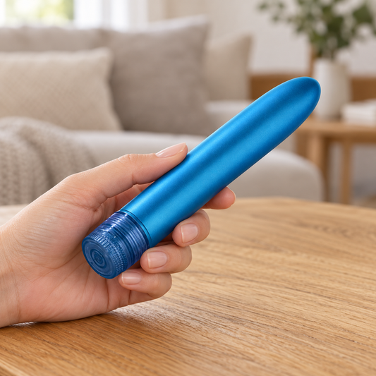Vibromasseur Metallic Shimmer bleu tenu en main