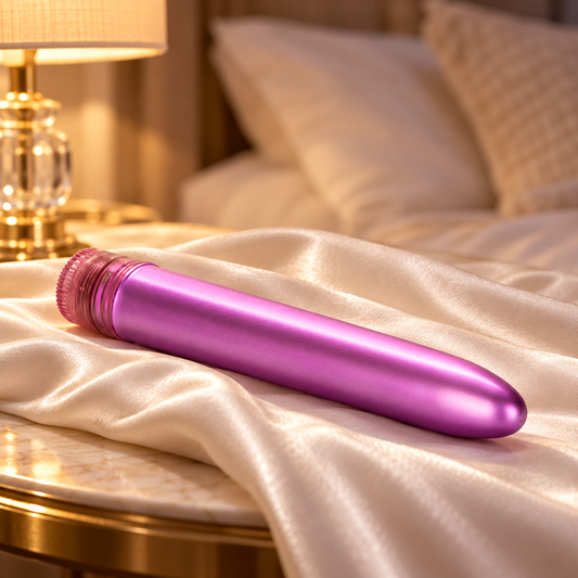 Vibromasseur Metallic Shimmer rose sur satin ivoire dans une chambre à la lumière douce